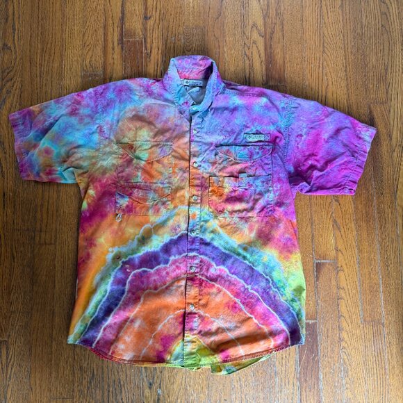 Columbia PFG Tie Dye short sleeve button up shirt Mens size Large - Picture 2 of 9